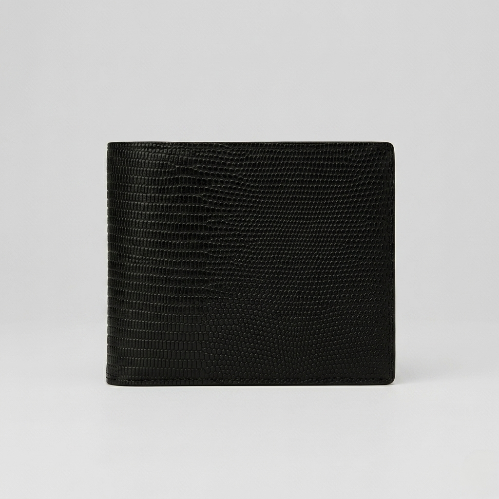 PourHide Black Bi-fold Wallet - Top Grain Cow Leather with Lizard Pattern