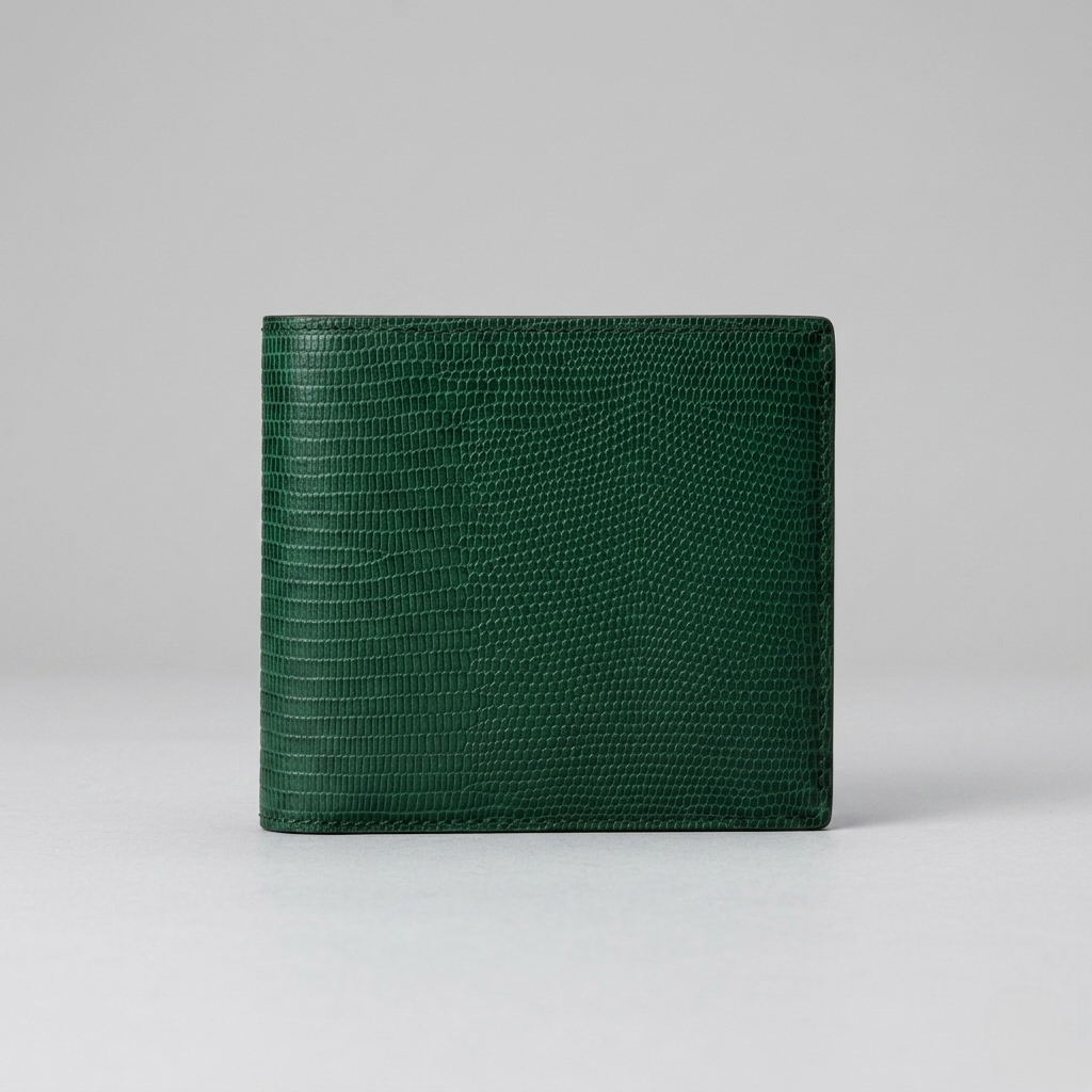 PourHide Green Bi-fold Wallet - Top Grain Cow Leather with Lizard Pattern