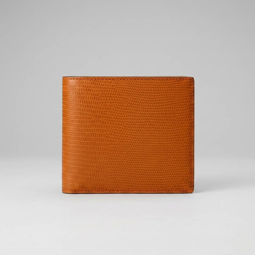 PourHide Orange Bi-fold Wallet - Top Grain Cow Leather with Lizard Pattern