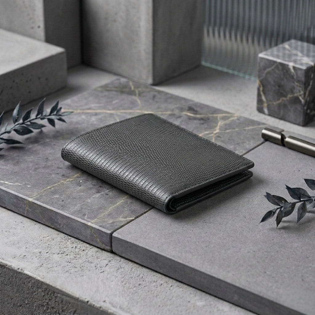 PourHide Grey Bi-fold Wallet - Top Grain Cow Leather with Lizard Pattern