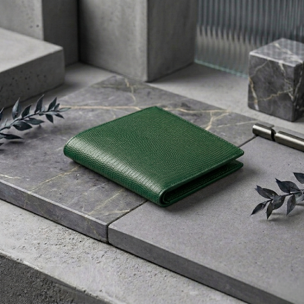 PourHide Green Bi-fold Wallet - Top Grain Cow Leather with Lizard Pattern