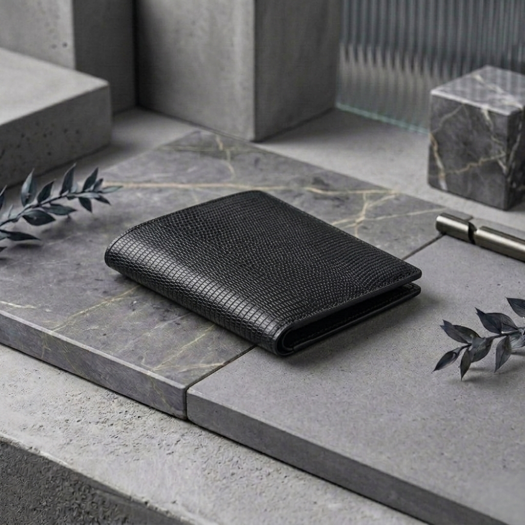 PourHide Black Bi-fold Wallet - Top Grain Cow Leather with Lizard Pattern
