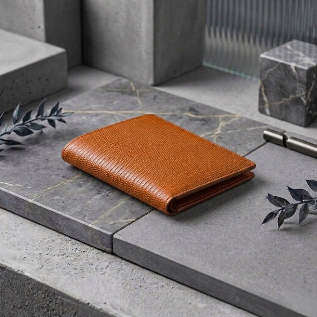 PourHide Orange Bi-fold Wallet - Top Grain Cow Leather with Lizard Pattern