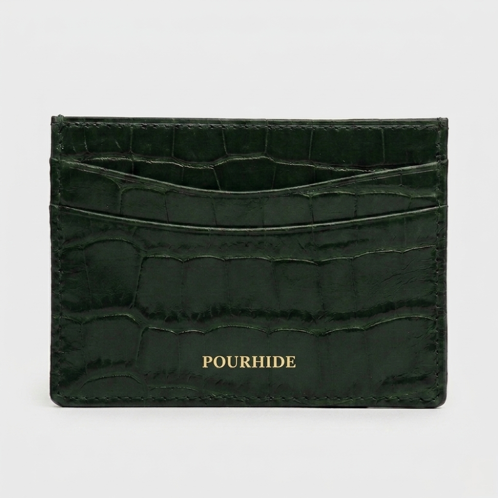PourHide Dark Green Card Case - Crocodile Pattern Calf Skin from Italy