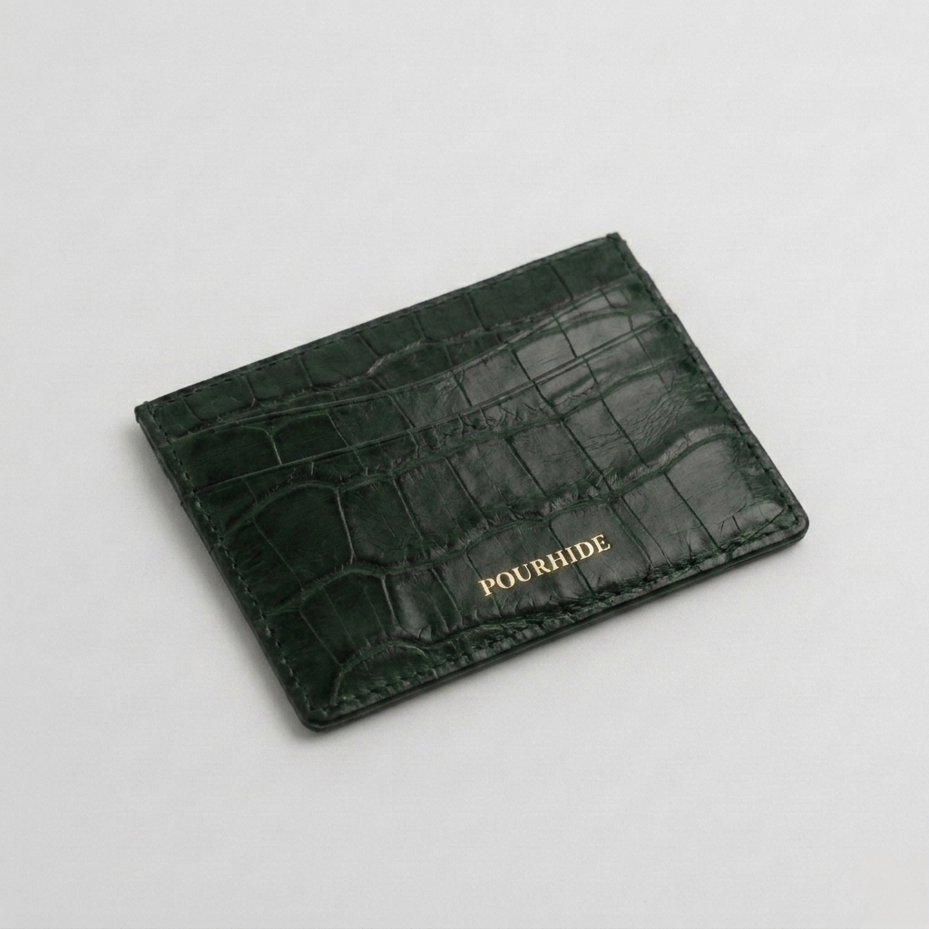 PourHide Dark Green Card Case - Crocodile Pattern Calf Skin from Italy