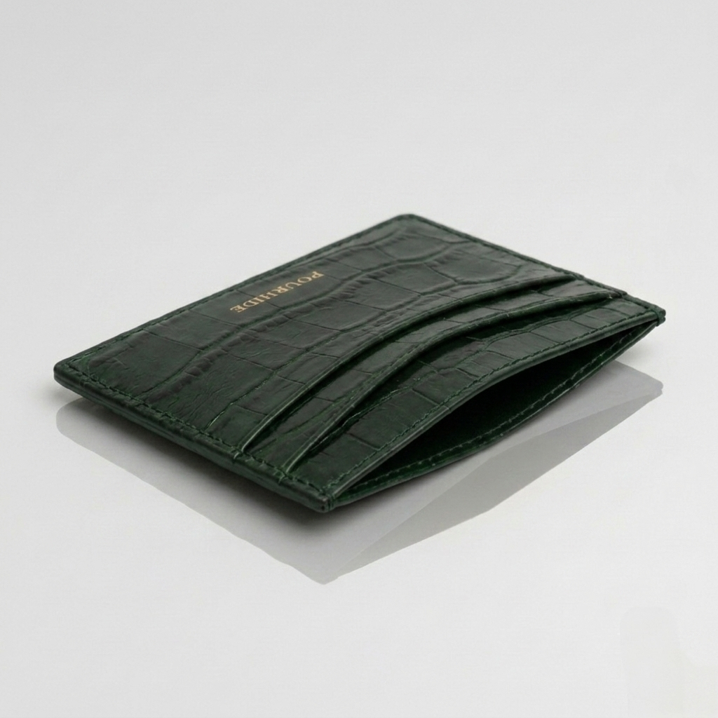 PourHide Dark Green Card Case - Crocodile Pattern Calf Skin from Italy
