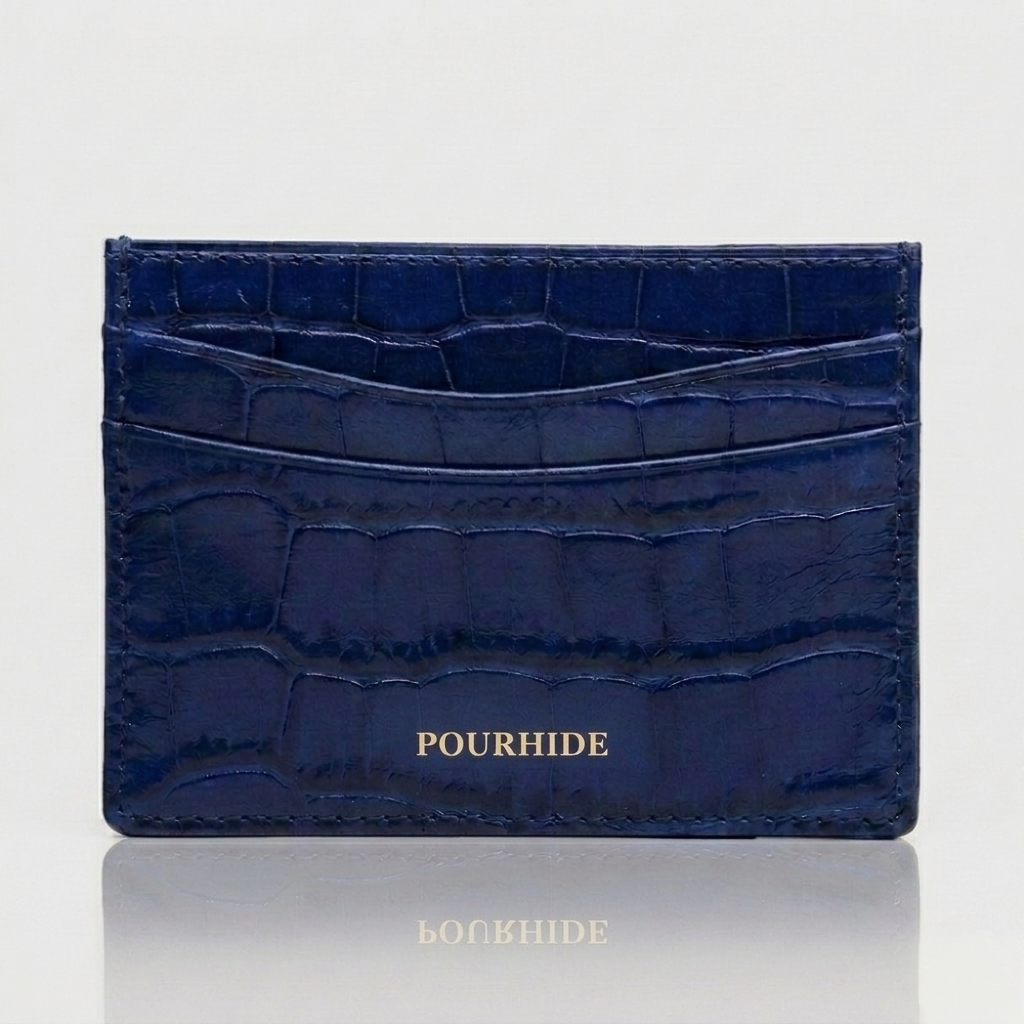 PourHide Blue Card Case - Crocodile Pattern Calf Skin from Italy