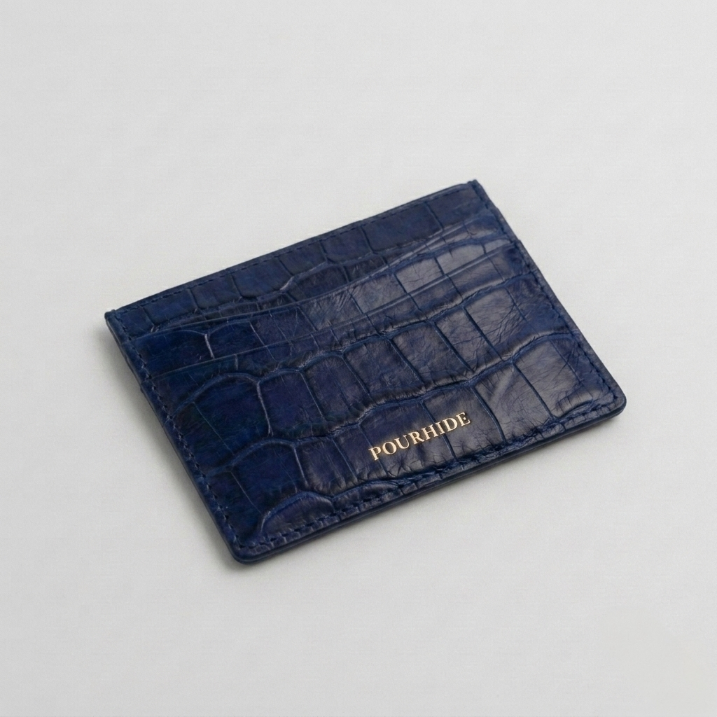 PourHide Blue Card Case - Crocodile Pattern Calf Skin from Italy