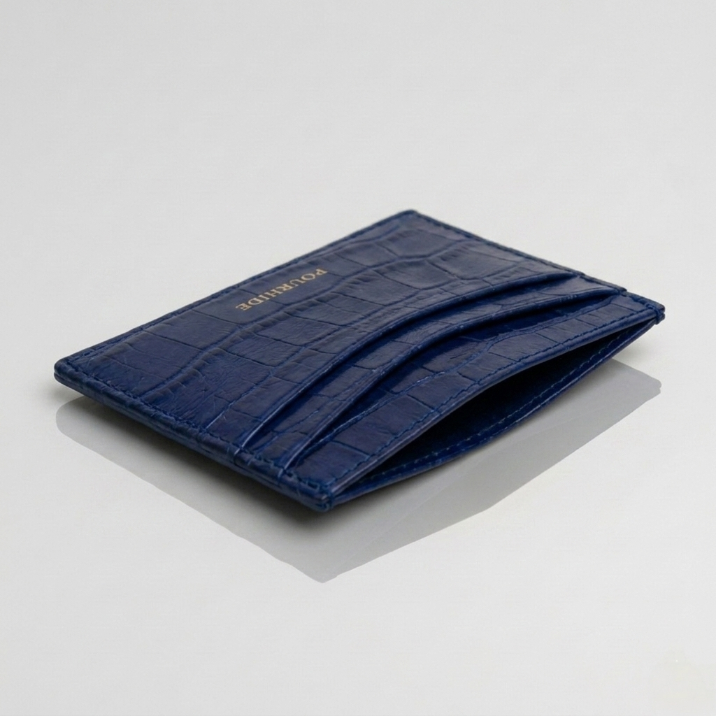 PourHide Blue Card Case - Crocodile Pattern Calf Skin from Italy