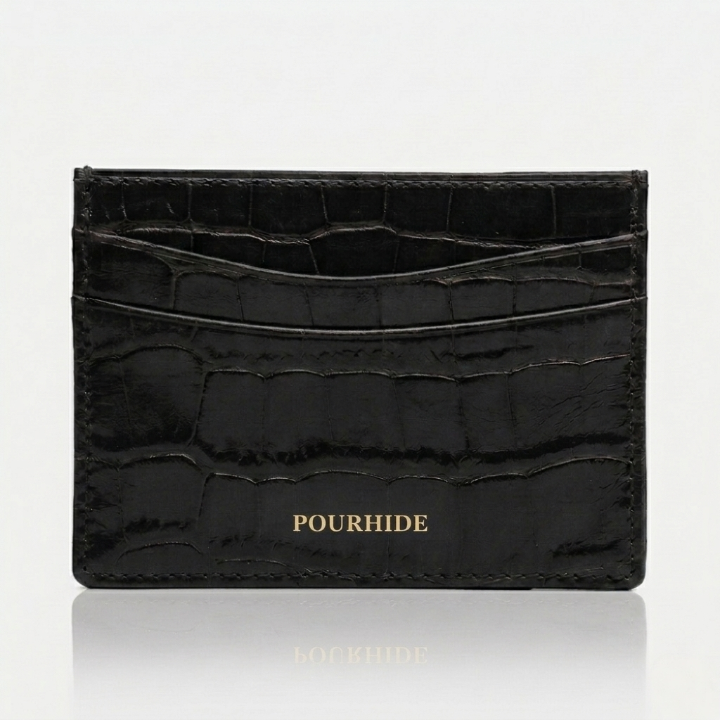 PourHide Black Card Case - Crocodile Pattern Calf Skin from Italy