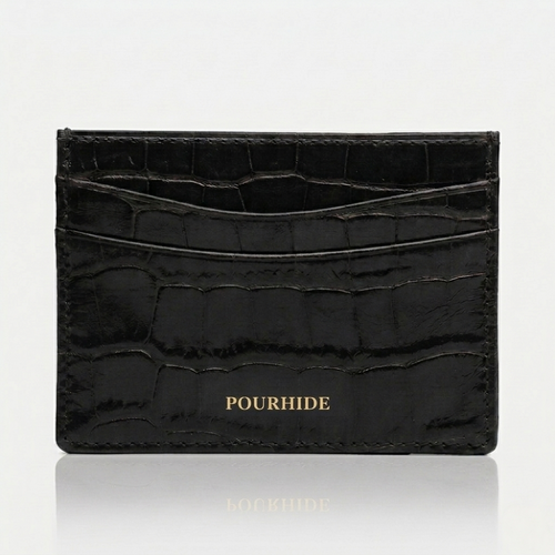 PourHide Black Card Case - Crocodile Pattern Calf Skin from Italy
