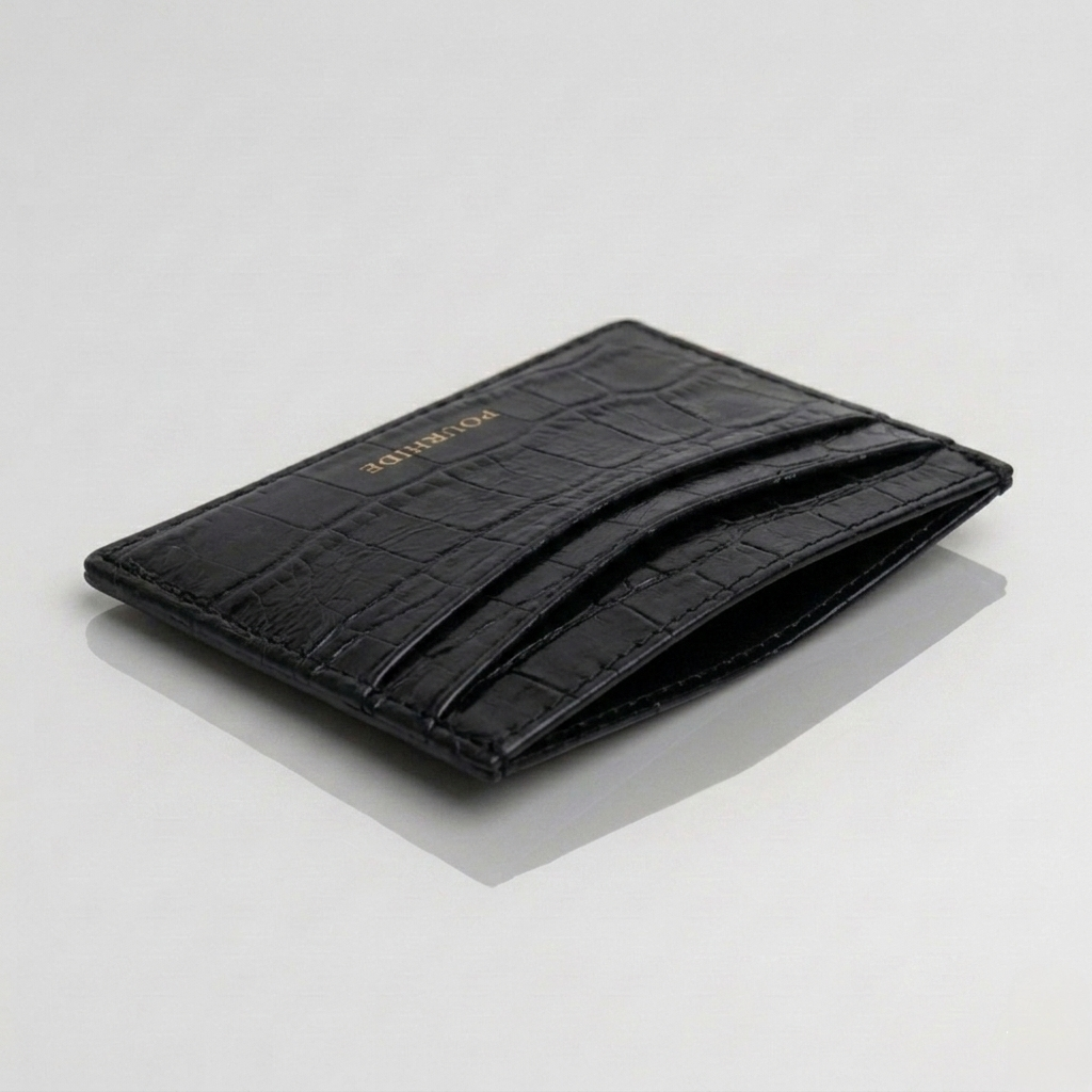 PourHide Black Card Case - Crocodile Pattern Calf Skin from Italy