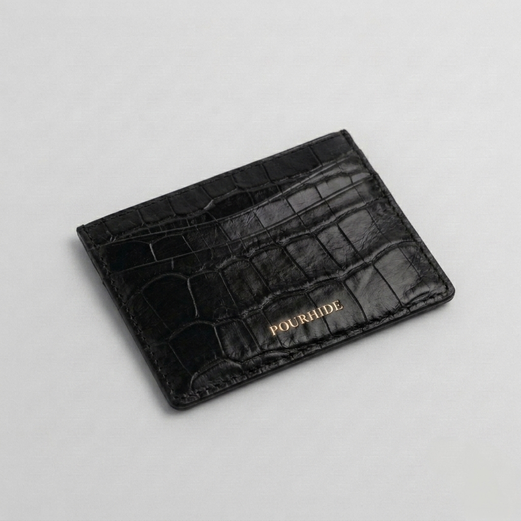 PourHide Black Card Case - Crocodile Pattern Calf Skin from Italy