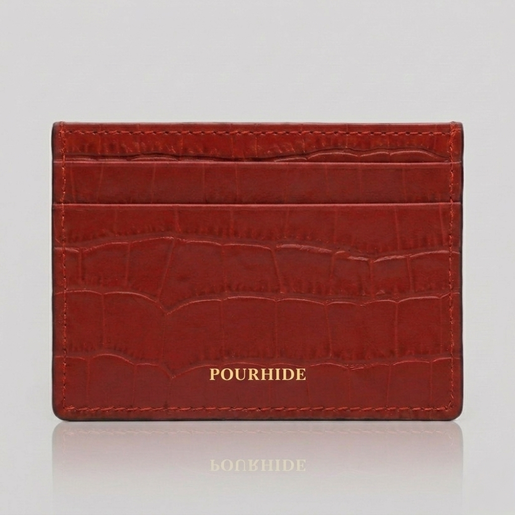 PourHide Red Card Holder - Red Italian Crocodile Pattern Calf Skin