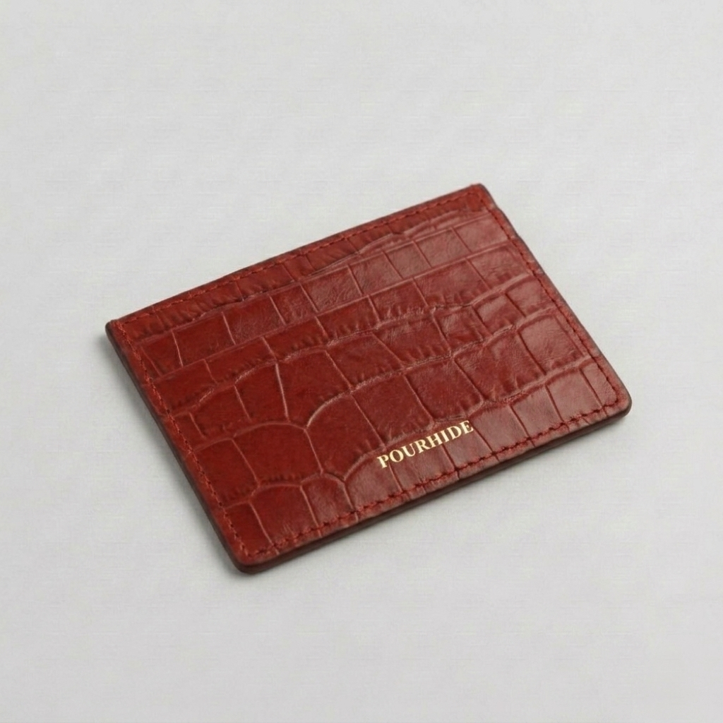 PourHide Red Card Holder - Red Italian Crocodile Pattern Calf Skin