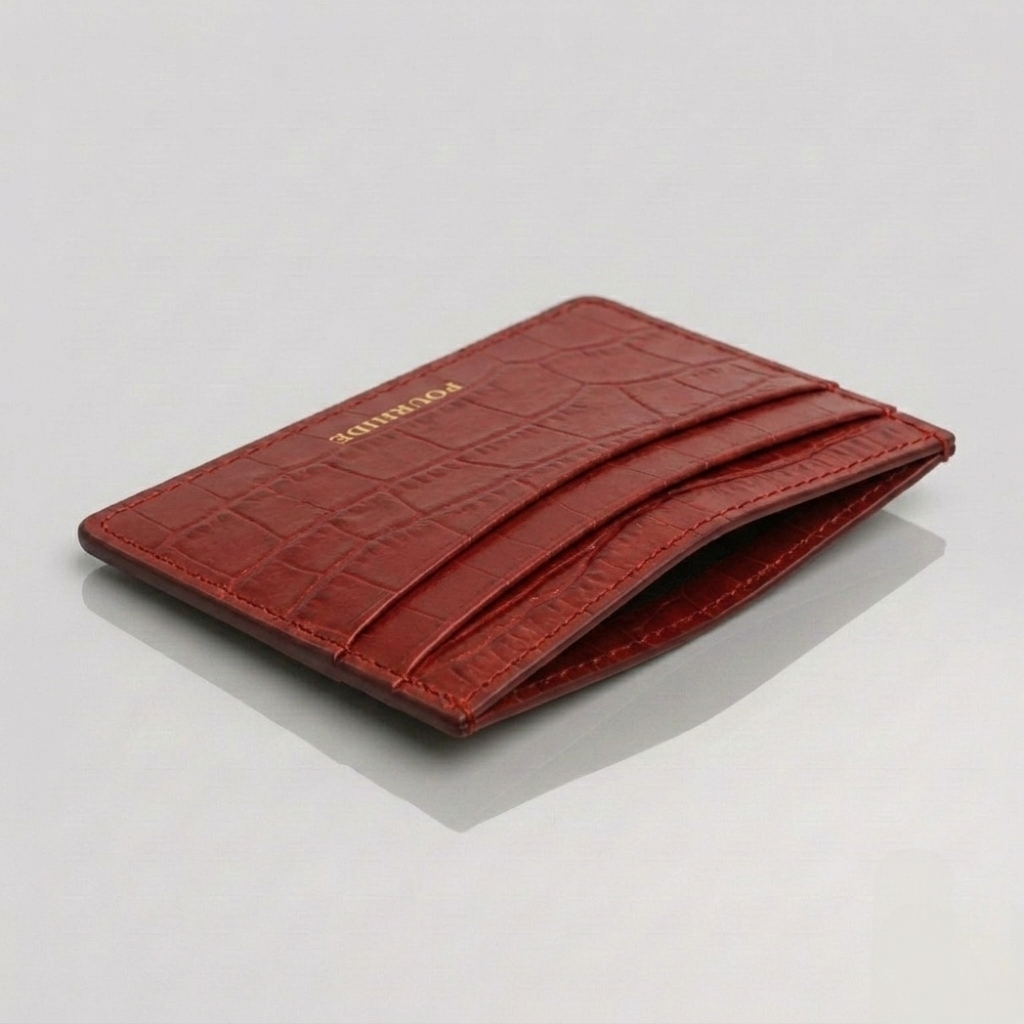PourHide Red Card Holder - Red Italian Crocodile Pattern Calf Skin