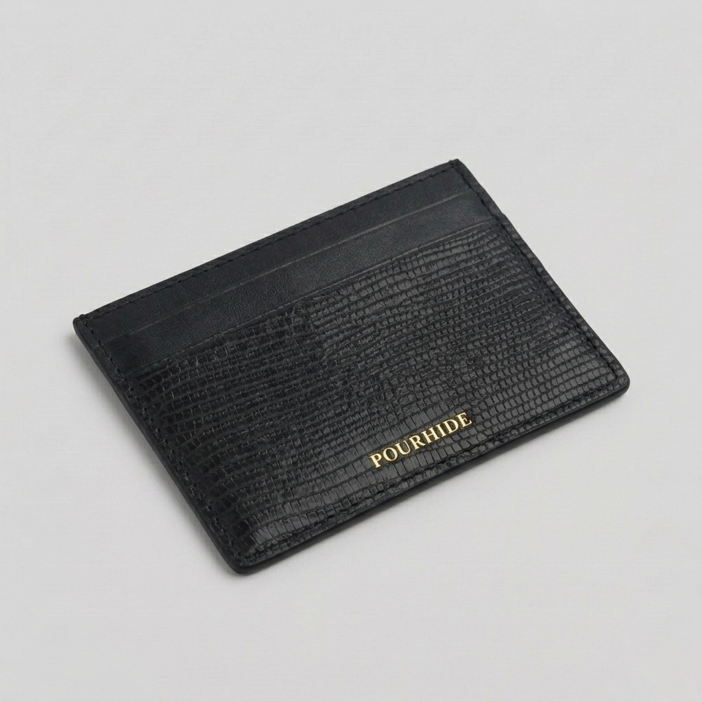 PourHide Black Card Holder - Italian Lizard Pattern Cow Leather