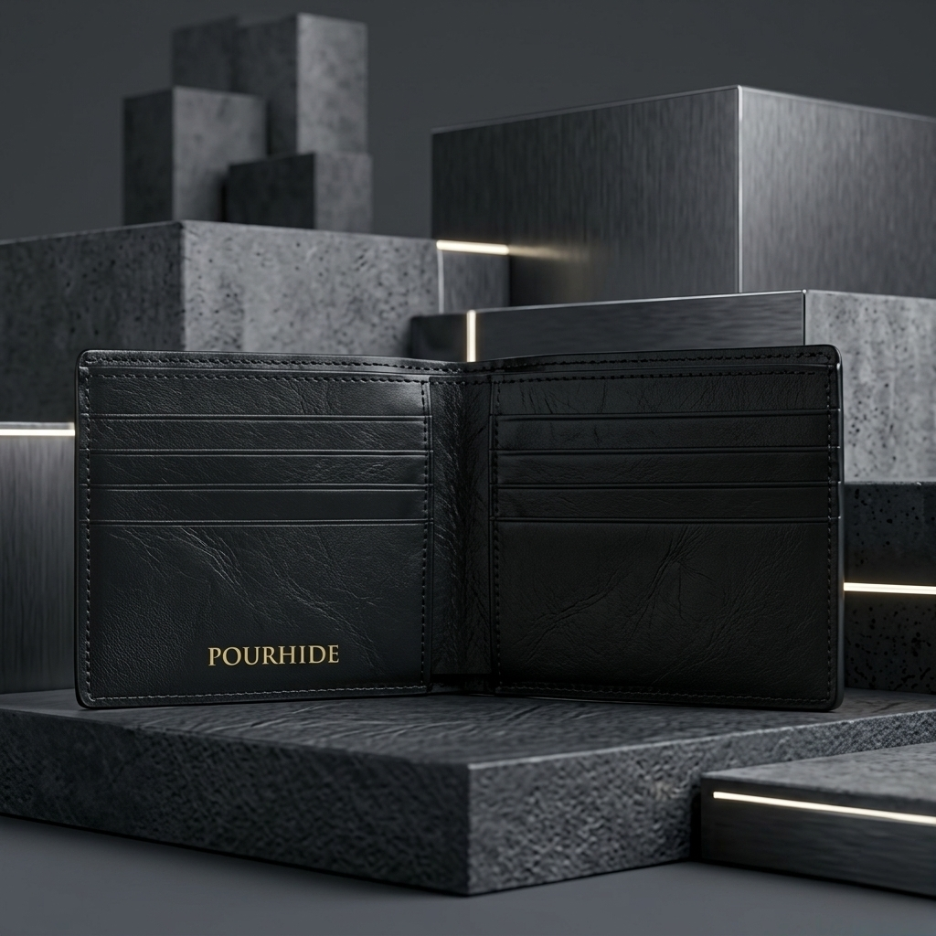 PourHide Black Bi-fold Wallet - Top Grain Cow Leather with Lizard Pattern