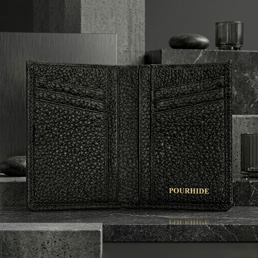 PourHide Minimalist Black Wallet - Top Grain Pebble Pattern Cow Leather