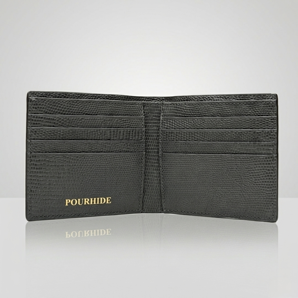 PourHide Grey Bi-fold Wallet - Top Grain Cow Leather with Lizard Pattern