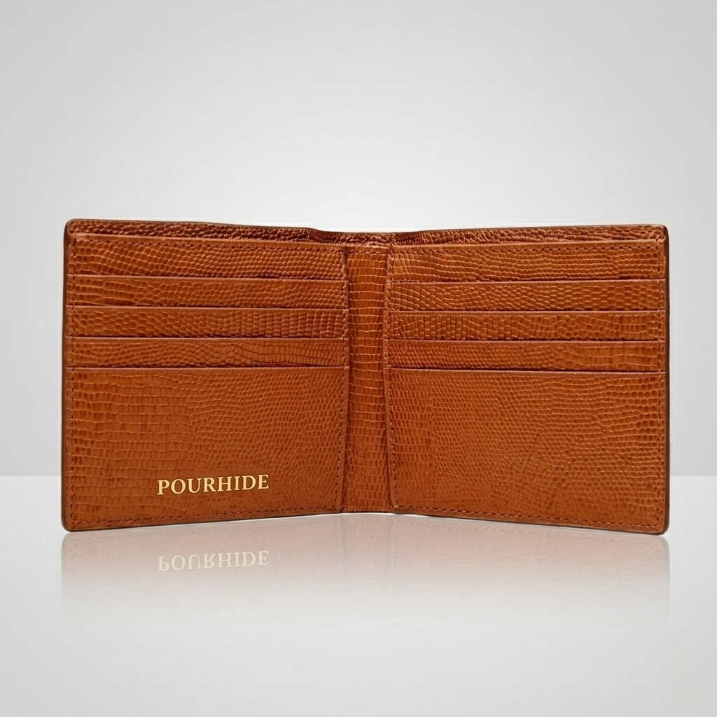 PourHide Orange Bi-fold Wallet - Top Grain Cow Leather with Lizard Pattern