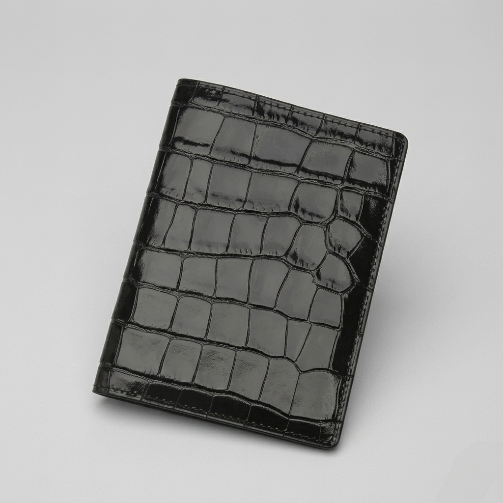 PourHide Black Passport Wallet - Italian Calfskin with Crocodile Pattern