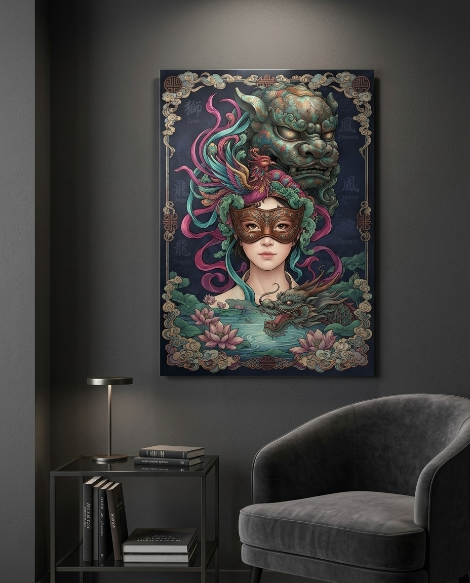 Phoenix, Dragon, and Jade Lion Sovereign Metal Print Poster