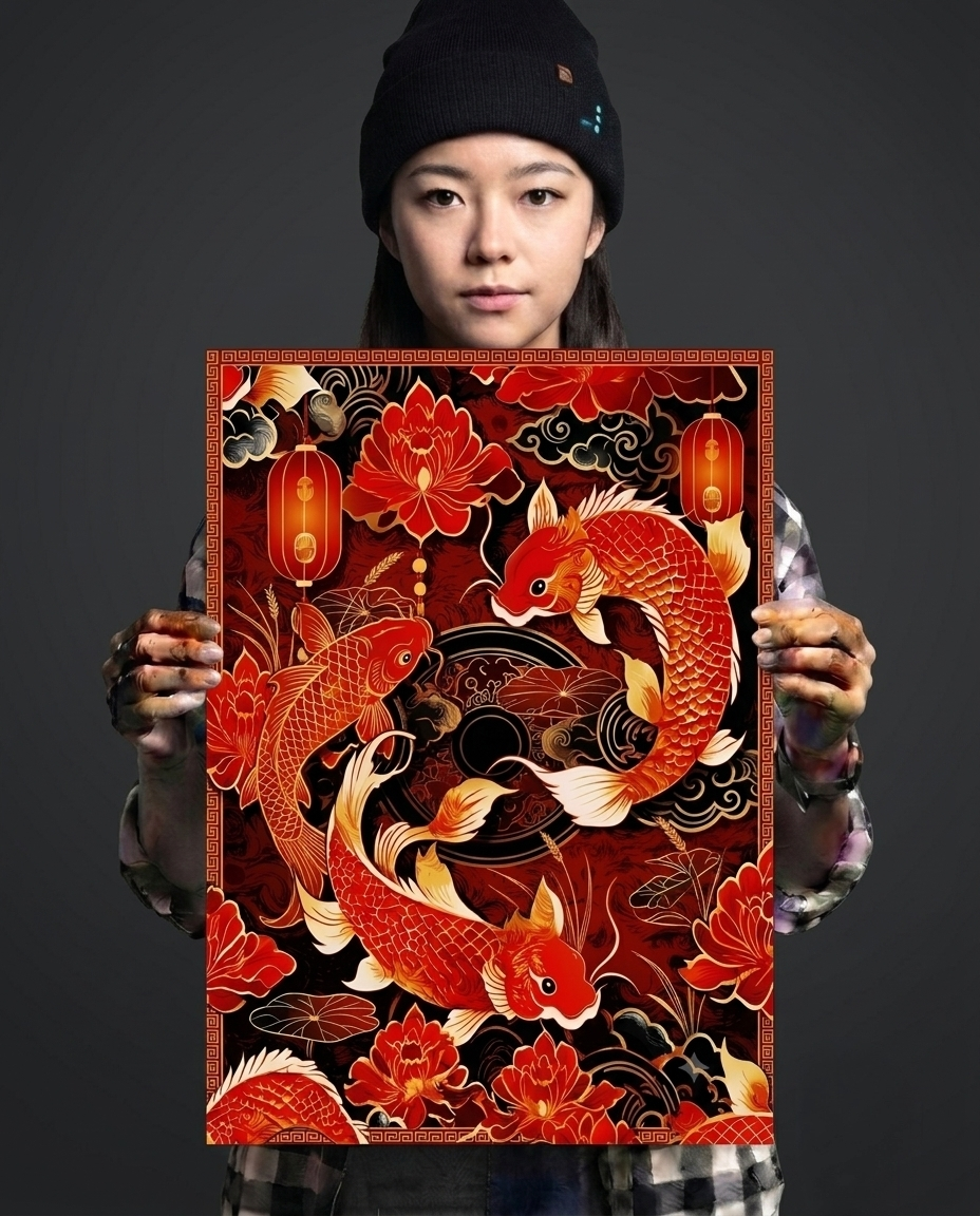 The Golden Koi: Circle of Prosperity Metal Print Poster