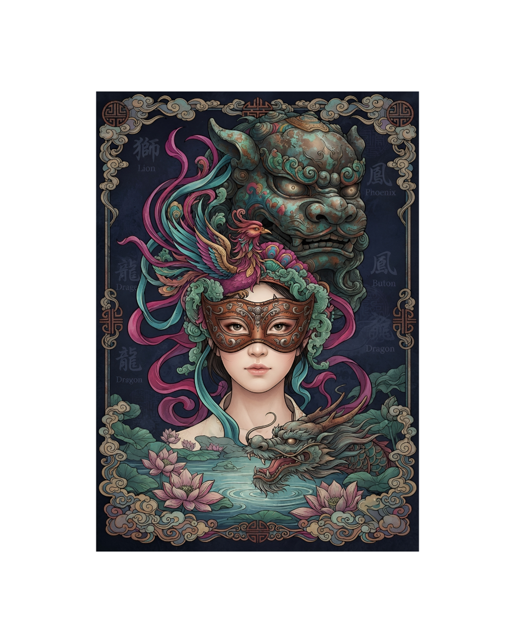 Phoenix, Dragon, and Jade Lion Sovereign Metal Print Poster