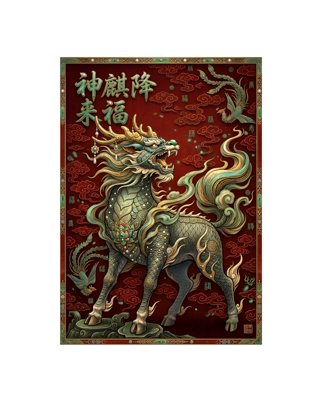 Qilin's Blessing: Fortune, Prosperity, Longevity Metal Print Poster