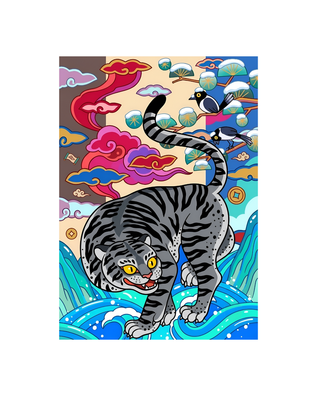 The Silver Tiger & The Winter Magpie Metal Print Poster
