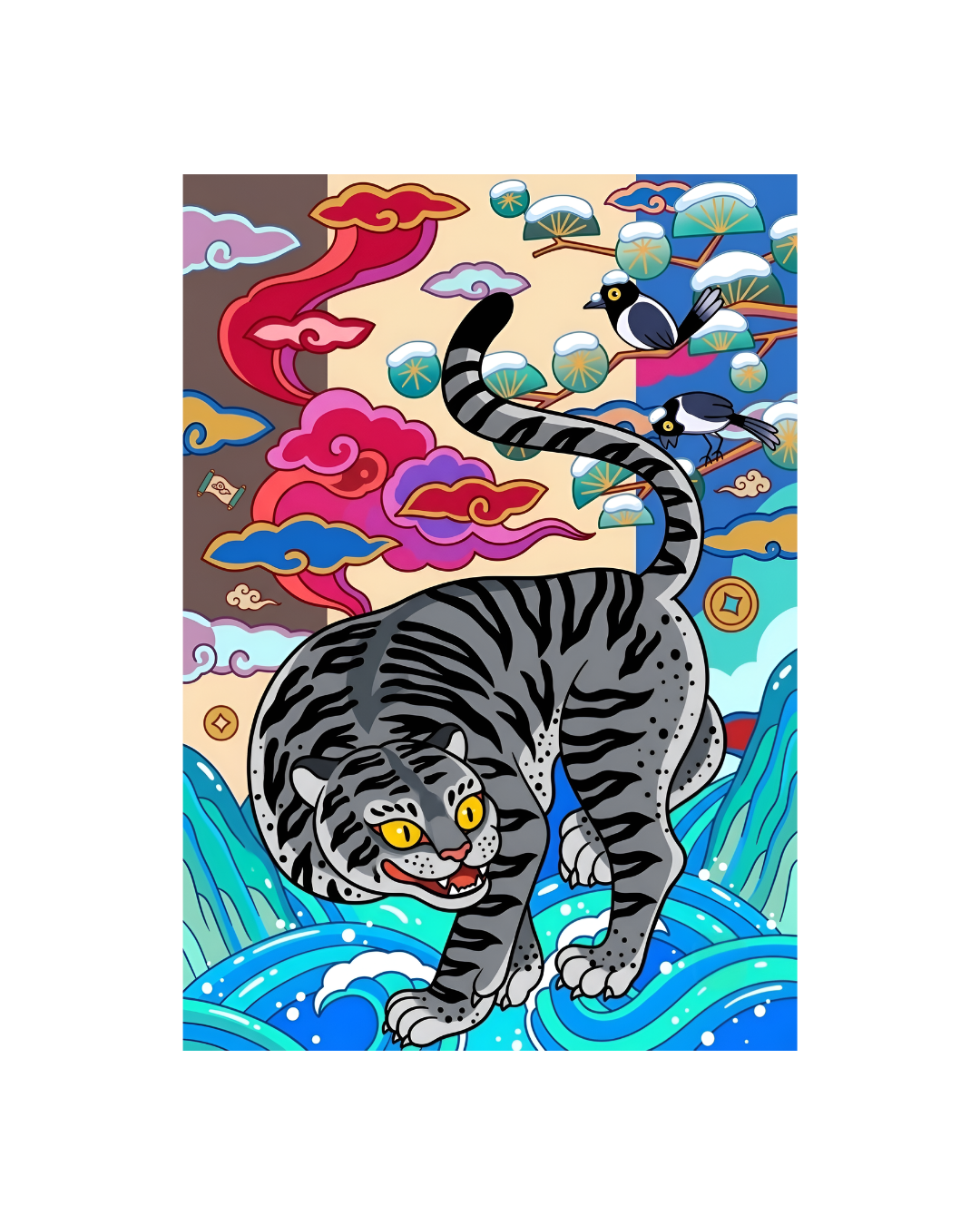 The Silver Tiger & The Winter Magpie Metal Print Poster